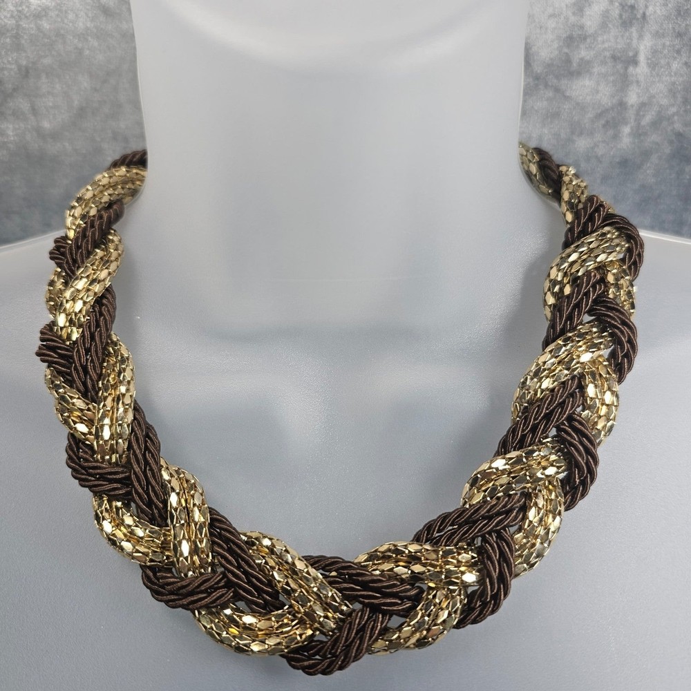 Braided Necklace Choker Brown Rope Gold Tone Mesh Two Tone Chunky Boho Jewelry